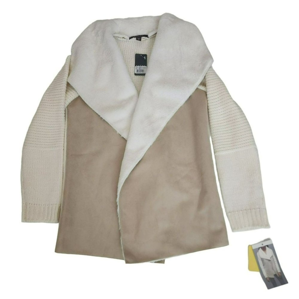 Fever‎ Women's Beige/Tan Cascade Collar Faux Suede Sherpa Knit Jacket Small NWT - Picture 9 of 11